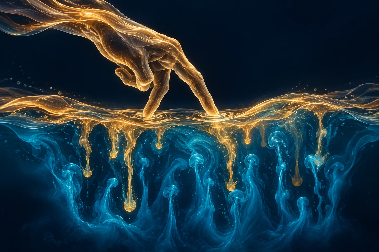A hand formed from amber currents walks across blue water, with fine streams flowing between the layers.